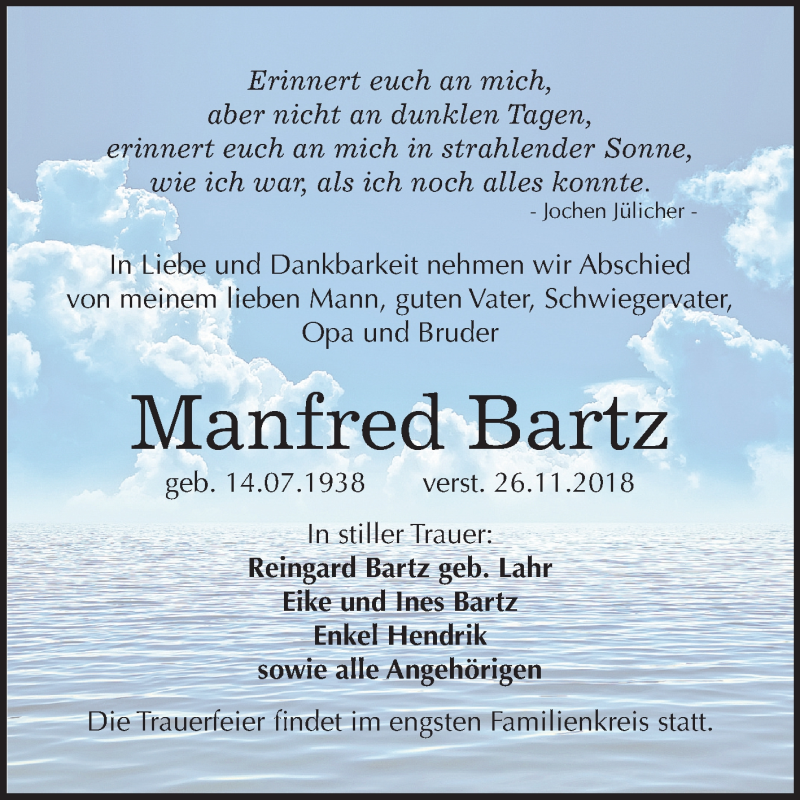  Traueranzeige für Manfred Bartz vom 01.12.2018 aus Mitteldeutsche Zeitung Aschersleben
