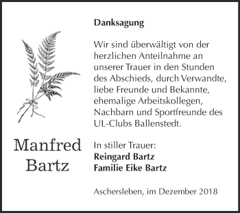 Traueranzeige von Manfred Bartz von Super Sonntag Aschersleben