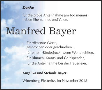 Traueranzeige von Manfred Bayer von Super Sonntag Wittenberg
