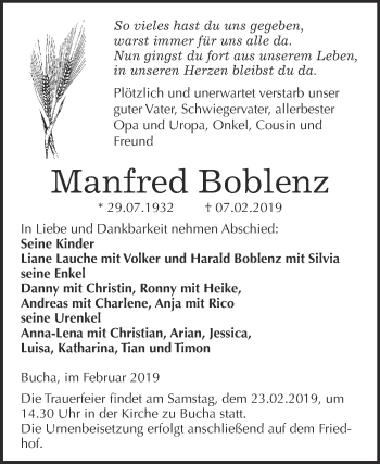 Traueranzeige von Manfred Boblenz von WVG - Wochenspiegel NMB / WSF / ZTZ