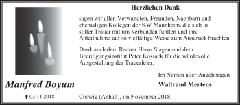 Traueranzeige von Manfred Boyum von WVG - Wochenspiegel Dessau / Köthen