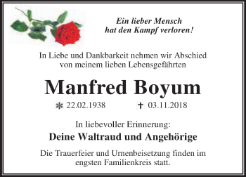 Traueranzeige von Manfred Boyum von WVG - Wochenspiegel Dessau / Köthen