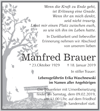 Traueranzeige von Manfred Brauer von WVG - Wochenspiegel Bitterfeld