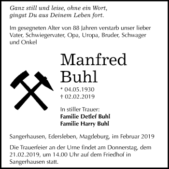 Traueranzeige von Manfred Buhl von Super Sonntag SGH Mansf. Land