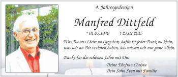 Traueranzeige von Manfred Dittfeld von Super Sonntag Wittenberg