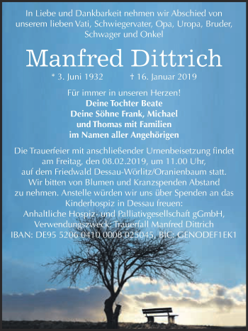 Traueranzeige von Manfred Dittrich von WVG - Wochenspiegel Bitterfeld
