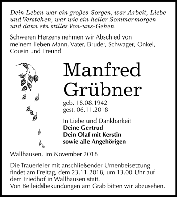 Traueranzeige von Manfred Grübner von Mitteldeutsche Zeitung Sangerhausen