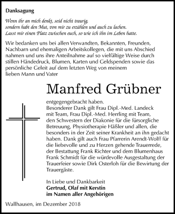 Traueranzeige von Manfred Grübner von Super Sonntag SGH Mansf. Land