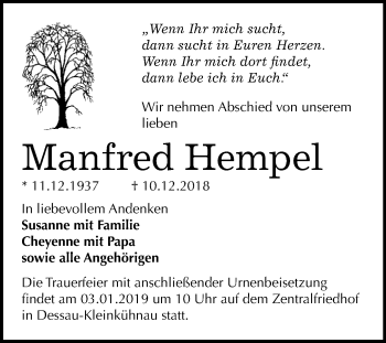 Traueranzeige von Manfred Hempel von WVG - Wochenspiegel Dessau / Köthen