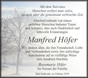 Traueranzeige von Manfred Höfer von Mitteldeutsche Zeitung Quedlinburg