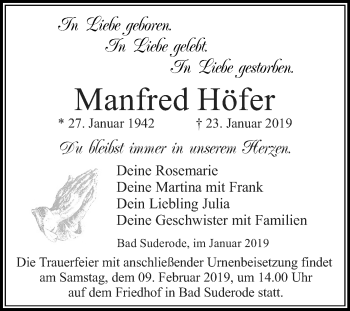 Traueranzeige von Manfred Höfer von Mitteldeutsche Zeitung Quedlinburg