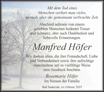 Traueranzeige von Manfred Höfer von WVG - Wochenspiegel Quedlinburg