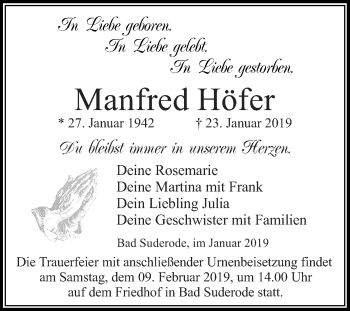 Traueranzeige von Manfred Höfer von WVG - Wochenspiegel Quedlinburg