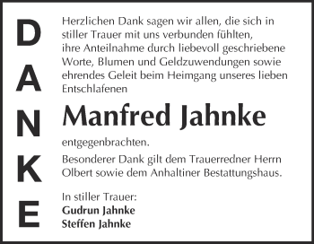 Traueranzeige von Manfred Jahnke von WVG - Wochenspiegel Dessau / Köthen