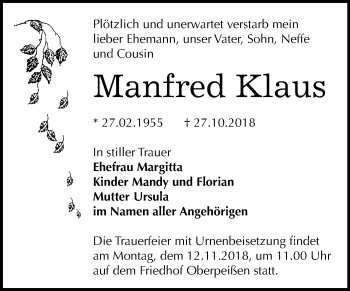 Traueranzeige von Manfred Klaus von Mitteldeutsche Zeitung Bernburg