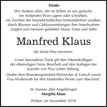 Traueranzeige von Manfred Klaus von Mitteldeutsche Zeitung Bernburg