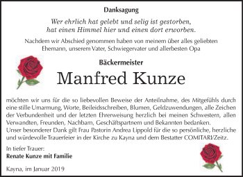 Traueranzeige von Manfred Kunze von Super Sonntag Zeitz