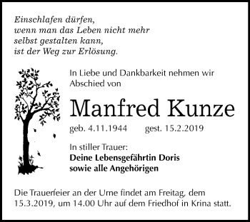 Traueranzeige von Manfred Kunze von Mitteldeutsche Zeitung Bitterfeld
