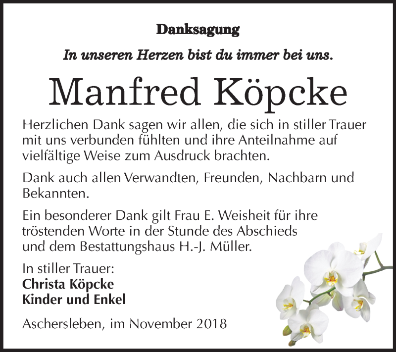  Traueranzeige für Manfred Köpcke vom 22.11.2018 aus Mitteldeutsche Zeitung Aschersleben