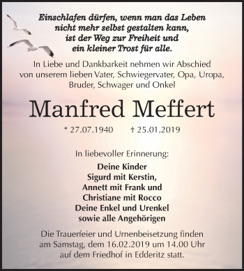 Traueranzeige von Manfred Meffert von Mitteldeutsche Zeitung Köthen