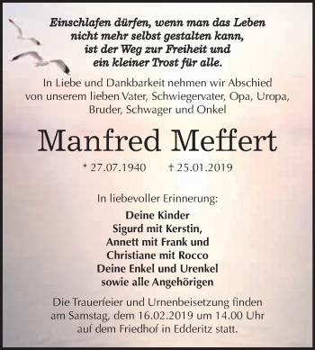 Traueranzeige von Manfred Meffert von WVG - Wochenspiegel Dessau / Köthen