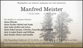 Traueranzeige von Manfred Meister von WVG - Wochenspiegel Dessau / Köthen