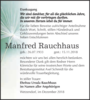 Traueranzeige von Manfred Rauchhaus von WVG - Wochenspiegel NMB / WSF / ZTZ