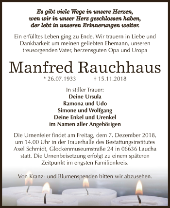Traueranzeige von Manfred Rauchhaus von WVG - Wochenspiegel NMB / WSF / ZTZ