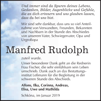 Traueranzeige von Manfred Rudolph von WVG - Wochenspiegel Wittenberg
