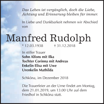 Traueranzeige von Manfred Rudolph von WVG - Wochenspiegel Wittenberg