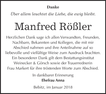Traueranzeige von Manfred Rößler von Super Sonntag Bernburg