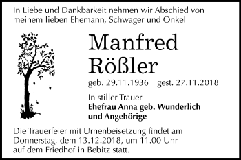 Traueranzeige von Manfred Rößler von Mitteldeutsche Zeitung Bernburg