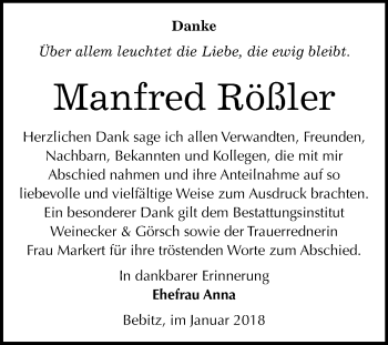Traueranzeige von Manfred Rößler von Mitteldeutsche Zeitung Bernburg