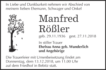 Traueranzeige von Manfred Rößler von Super Sonntag Bernburg