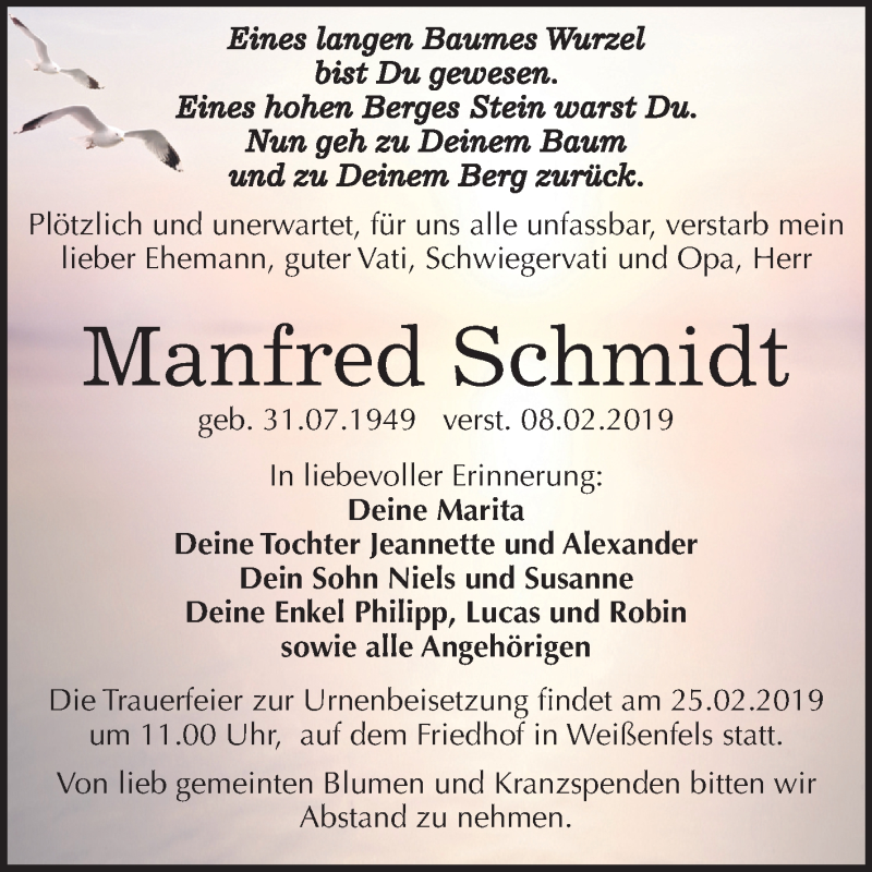  Traueranzeige für Manfred Schmidt vom 16.02.2019 aus Mitteldeutsche Zeitung Weißenfels