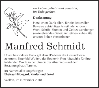 Traueranzeige von Manfred Schmidt von WVG - Wochenspiegel Bitterfeld