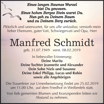 Traueranzeige von Manfred Schmidt von Mitteldeutsche Zeitung Weißenfels