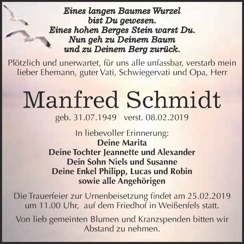  Traueranzeige für Manfred Schmidt vom 18.02.2019 aus WVG - Wochenspiegel NMB / WSF / ZTZ