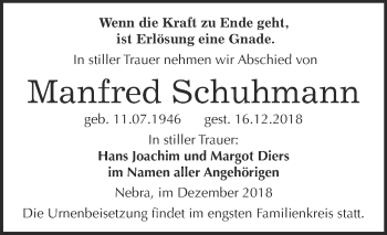 Traueranzeige von Manfred Schuhmann von WVG - Wochenspiegel NMB / WSF / ZTZ
