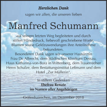 Traueranzeige von Manfred Schumann von WVG - Wochenspiegel Wittenberg