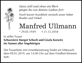 Traueranzeige von Manfred Ullmann von Mitteldeutsche Zeitung Bernburg