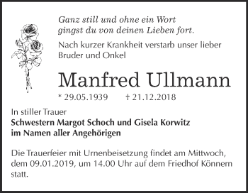 Traueranzeige von Manfred Ullmann von Super Sonntag Bernburg