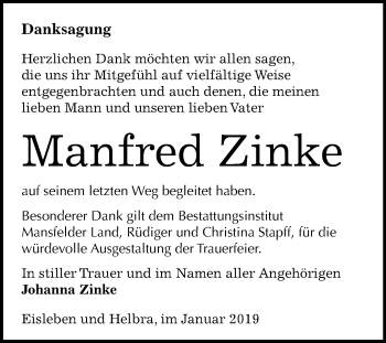 Traueranzeige von Manfred Zinke von Wochenspiegel Mansfelder Land