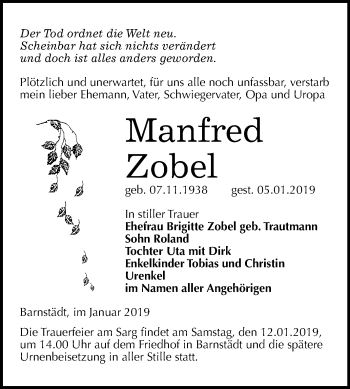 Traueranzeige von Manfred Zobel von Mitteldeutsche Zeitung Merseburg/Querfurt