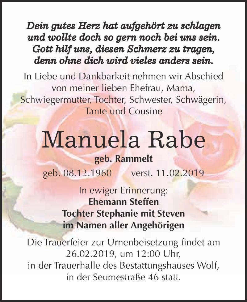  Traueranzeige für Manuela Rabe vom 18.02.2019 aus WVG - Wochenspiegel NMB / WSF / ZTZ