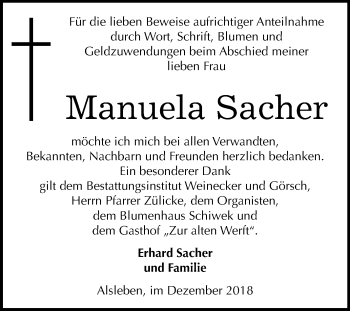 Traueranzeige von Manuela Sacher von Mitteldeutsche Zeitung Bernburg