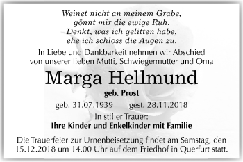 Traueranzeige von Marga Hellmund von Mitteldeutsche Zeitung Merseburg/Querfurt