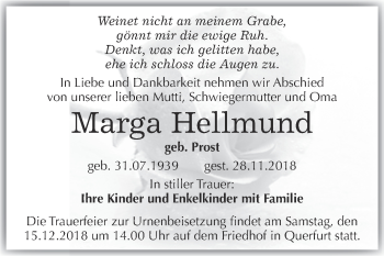 Traueranzeige von Marga Hellmund von WVG - Wochenspiegel Merseburg