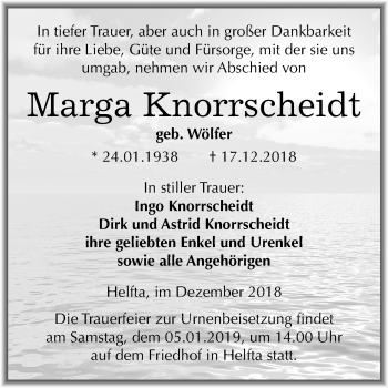 Traueranzeige von Marga Knorrscheidt von Mitteldeutsche Zeitung Mansfelder Land