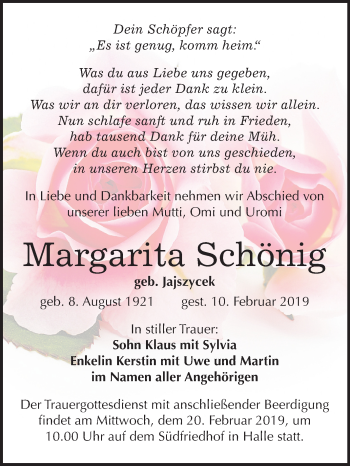Traueranzeige von Marganta Schönig von Mitteldeutsche Zeitung Halle/Saalkreis